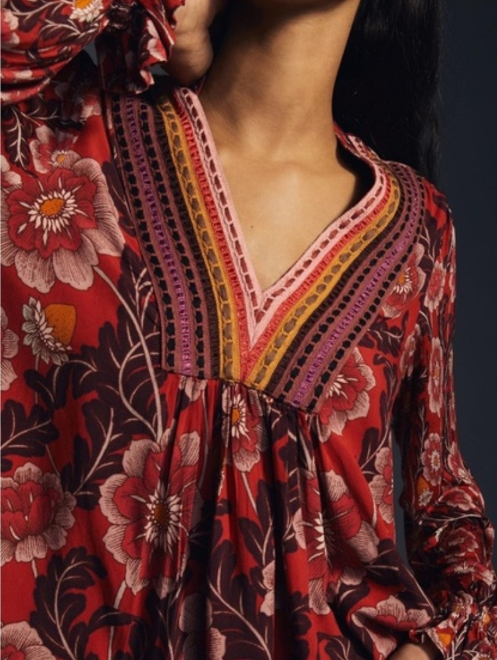 Bl^nk London X Anthropologie Stephanie Red Floral Embroidered V-Neck Top - Picture 4 of 11
